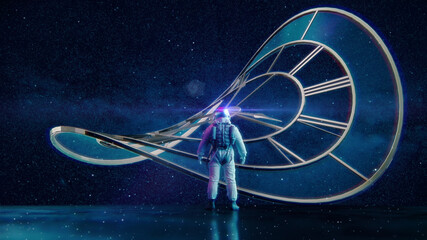 "Mensch, Kosmos, Zeit & Ewigkeit"   Raumzeit Konzept: Astronaut blickt auf kosmische Uhr vor Sternenhimmel   3D Render Illustration 8K © Jacqueline Weber