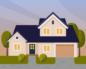 Vector scene with house in the evening. Two story house with a garage.