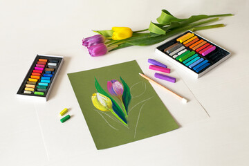 Soft pastel painting of tulips. Learning to draw at home. Top view, isolated 