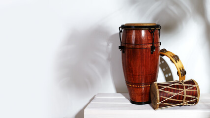 Composition of musical ethnic instrument. Maracas, tambourine, conga and ethnic drum. Percussion...