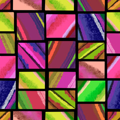 Аbstraction squares, stained glass pattern on a black background. Illustration for printing, backgrounds, wallpapers, covers, packaging, greeting cards, posters, stickers, textile and seasonal design