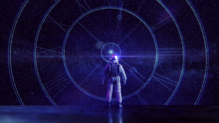 "Mensch, Kosmos, Zeit & Ewigkeit"   Raumzeit Konzept: Astronaut blickt auf kosmische Uhr vor Sternenhimmel   3D Render Illustration 8K © Jacqueline Weber