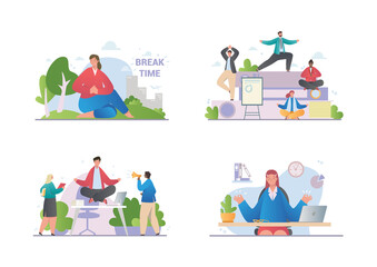 Set of scenes with meditating office workers