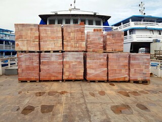 Building material is transported from Manaus to the interior of the Amazon by boat. Brazil 