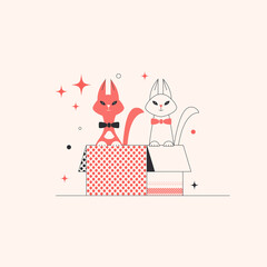 Vector illustration of cats in a box for banner, sticker, greeting card, advertising of a pet shop, veterinary clinic, pet products. Adopt a homeless animal. Flat design..