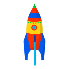 Isolated rocket toy with round window. Kids toy on white background. Cartoon vector illustration