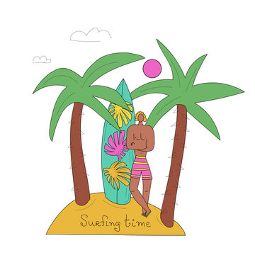Surfer with board at sunset under palm trees in cartoon style. Lettering Surfing time. Vector illustration for the design of t-shirts, textiles, marine themes.