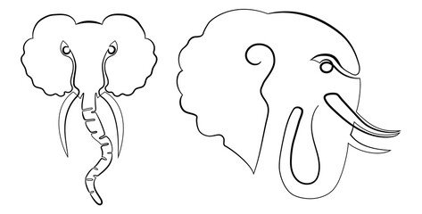 Set of two elephant heads drawn in doodle style. Stock vector illustration isolated on a white background.