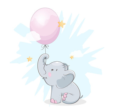 Cute little elephant holding balloon