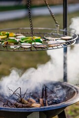 Grilled mushrooms and vegetables. Fireplace with branches of a tree and smoke, iron barbecue grill