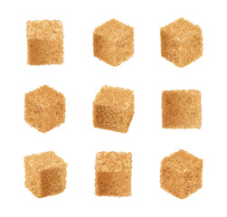 Raw Brown Cane Sugar Cubes Isolated on White Background