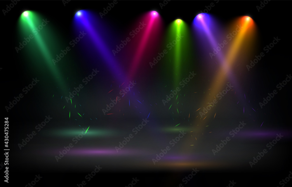 Poster Spotlights set isolated on transparent background. Vector glowing light effect with golden rays and lens flares.