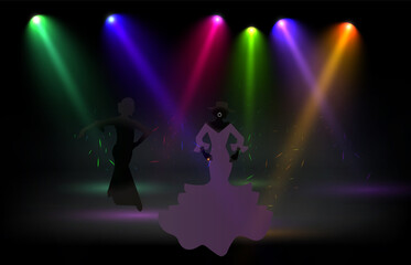 Fototapeta na wymiar Silhouette Woman Group Dancing Night Club Light Flat Vector Illustration
