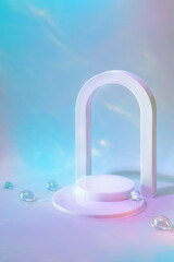Abstract surreal scene - empty stage with cylinder podium and arch on holographic pastel background...