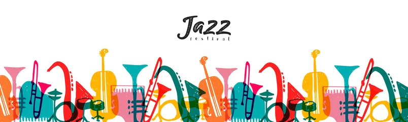 Tuinposter Jazz muziekinstrument doodle cartoon banner © Cienpies Design