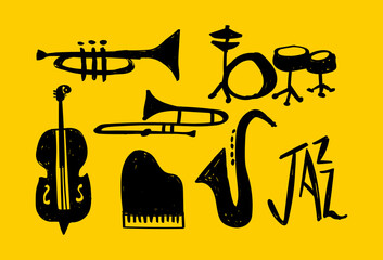 Jazz music instrument hand drawn doodle set
