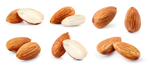 Almond isolated. Almonds on white background. Almond set. Whole, cut, half, slice almond.. Full depth of field. - 430476281