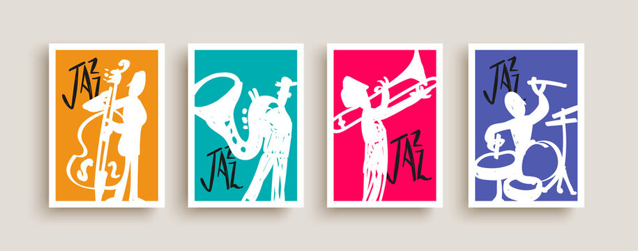 Jazz musician band player men doodle poster set