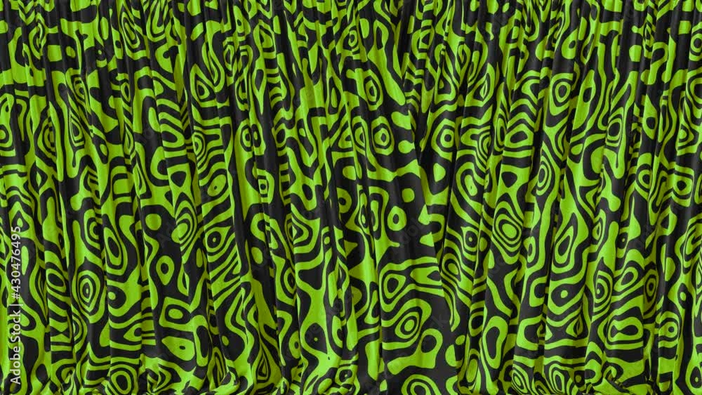 Poster realistic 3d animation of the textured green tribal pattern curtain rendered in uhd with alpha matte
