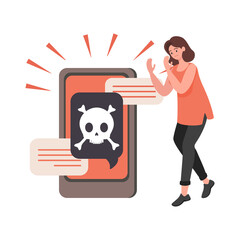 Young upset woman with hacked smartphone vector flat illustration. Someone stealing woman personal information, financial data, login, and password. Cyber crime, internet fraud concept.