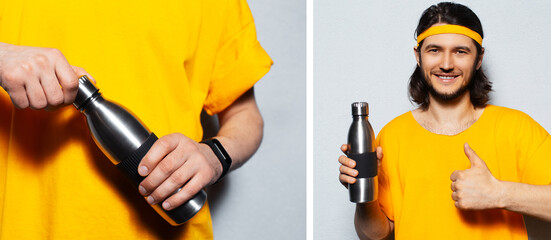 Collage from two photos of young smiling man holding steel reusable thermo water bottle on background of grey wall. Wearing yellow shirt and showing thumbs up.