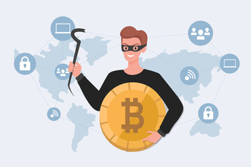 Thief in mask holding stolen bitcoin vector flat illustration on background of world map. Cyber crime, financial robbery, hacker attack concept. Robber steal personal data, login, and password.