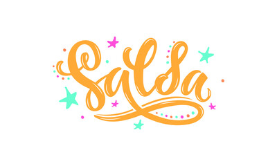 Salsa handwritten text isolated on white background. Modern brush calligraphy, hand lettering for card, apparel, flyer, poster design. Dance studio or classes logotype. Vector colorful illustration