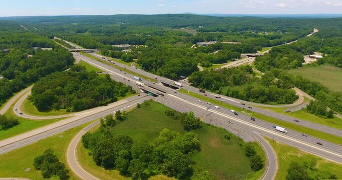 Aerial view of the interchange at Interstate Highway 495 at exit 78 with US Route 2 in town of Littleton, Massachusetts MA, USA. 