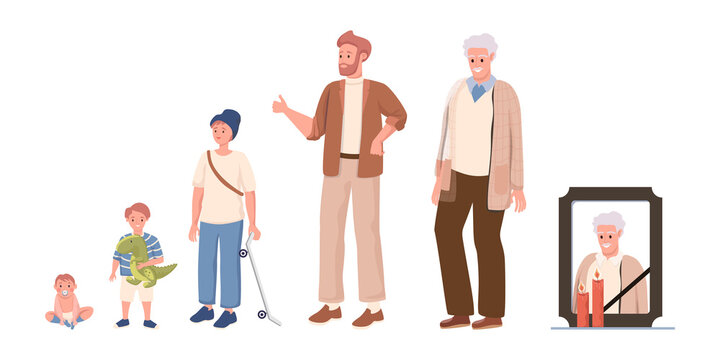 Cycle of man life vector flat illustration isolated on white background. Male character growing up, aging, and die. Man of different ages, newborn baby, child, teenage boy, adult, and old gentleman.