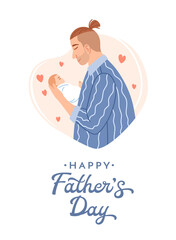 Caucasian smiling dad with small beautiful newborn baby on heart background. Happy Fathers day decoration card. Flat man with cute child. Parenthood relationship. Childhood family vector illustration.