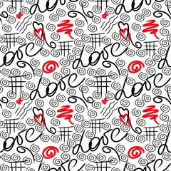 Seamless pattern, write love. Hand drawing ornament. Red, White, black color. Background, Romantic design