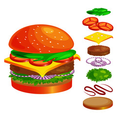 Classic burger disassembled into ingredients