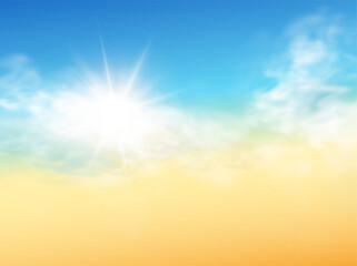 Realistic sky template with transparent cloud and sun. Blue background. Light effect. Realistic illustration.