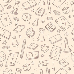 Hand drawn seamless pattern of board game element, cards, chess, hourglass, chips, dice, dominoes. Doodle sketch style. Isolated vector illustration for for board game shop, store.