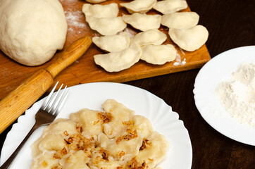 The full cycle of the process of making homemade dumplings in one photo