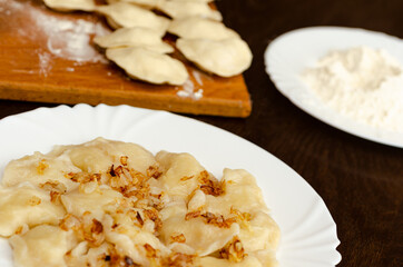 Natural food. Homemade dumplings with ingredients for cooking