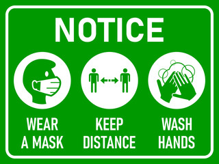 Coronavirus Warning Icon Set Notice Wear a Mask Keep Distance Wash Hands Black and White Horizontal Signboard with an Aspect Ratio of 4:3. Vector Image.