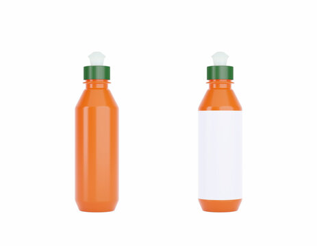 Orange plastic 250ml bottle with green push pull bottle cap for mockup and branding.