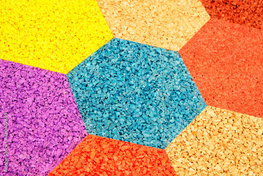 Poster multicolor hexagons abstract pattern, rubber crumb texture background, flooring for stadiums and pla
