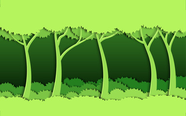 Eco green nature forest environment background template. green Forest plantation with ecology and environment conservation creative idea concept in paper cut art style.Vector illustration.
