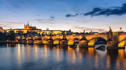 View of Prague Castle and Charles Bridge at sunset. Czechia