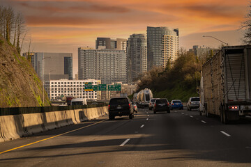 Portland, Oregon - 4-2-2021: evening traffic on interstate Highway I-5 approaching Portland from the south at sunset.