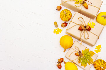 Zero waste gift concept, no plastic lifestyle, with autumn decor for Thanksgiving or Halloween