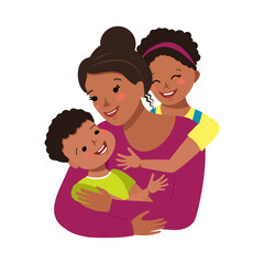Mom hugs daughter and son. Happy mother day. Woman takes care of boy and girl. Cheerful African American people with black hair and dark skin. Children and parent laugh