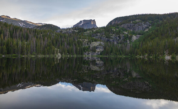 Mirror image reflections in Bear Lake, Hallett Peak, Rocky Mountains National Park, Colorado