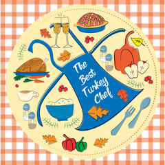 orange checkered tablecloth set with thanksgiving food decorated with leaves and an apron that says: the best turkey chef