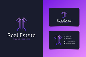 Real Estate Logo in Purple Gradient with Line Style. Skyscraper Logo. Construction Architecture Building Logo Design Template