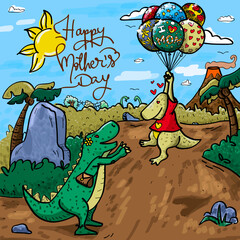 Happy Mother's Day. Little dino arrives flying with balloons for his mom dino