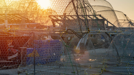 Cage (gargoor) fishing nets in Qatar harbor ready to use for fishing.