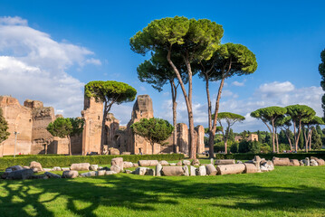 Terme di Caracalla or the Bath of Caracalla springs ruins, view from ground panoramic in Rome -...
